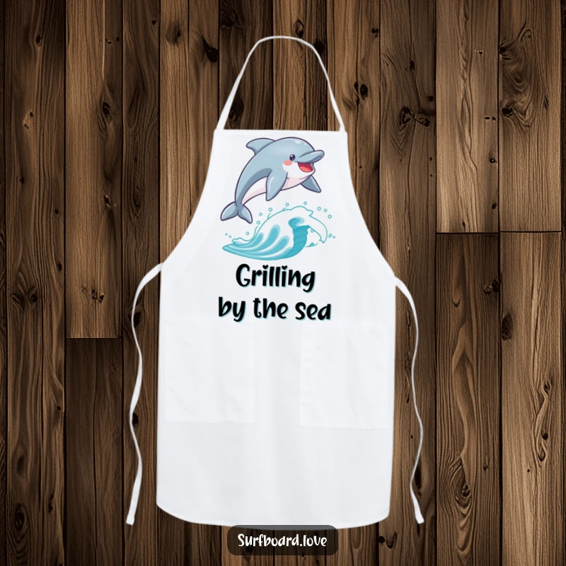 Funny dolphin mid-air over a surfboard, perfect for a humorous kitchen apron.