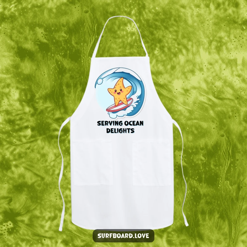 Funny apron with a cheerful starfish surfing a wave on a tiny surfboard, bringing a humorous and beachy feel to kitchen tasks.