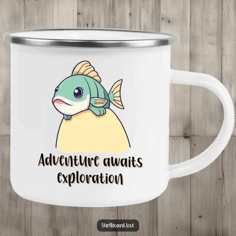 Funny fish peeking over a surfboard edge on a durable camping mug.