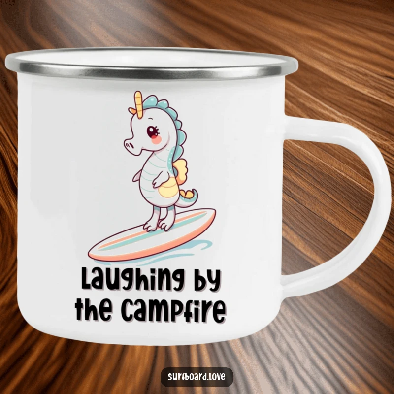 Funny giggling seahorse balancing on a surfboard on a durable camping mug.