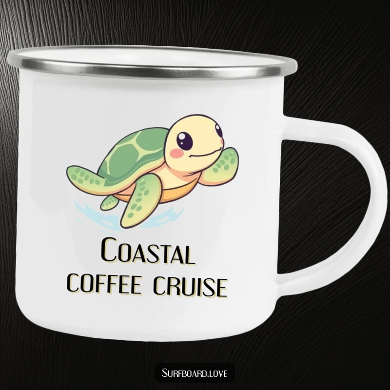 Funny Camping Mug: A playful sea turtle paddles rapidly towards shore, perfect for outdoor enthusiasts who appreciate humor and determination.