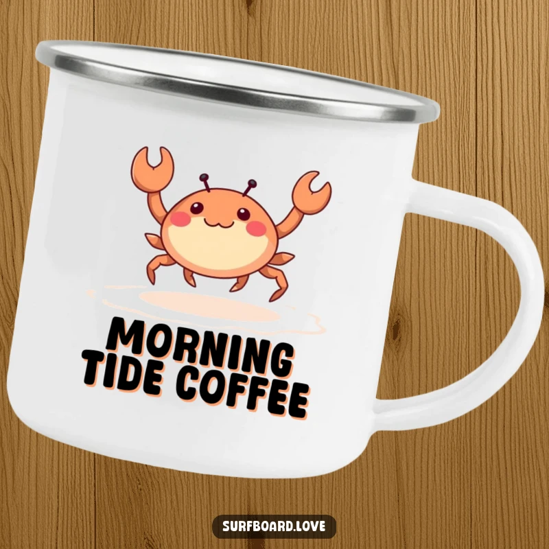 Funny happy crab with tiny legs skipping across wet sand, designed on a humorous camping mug.