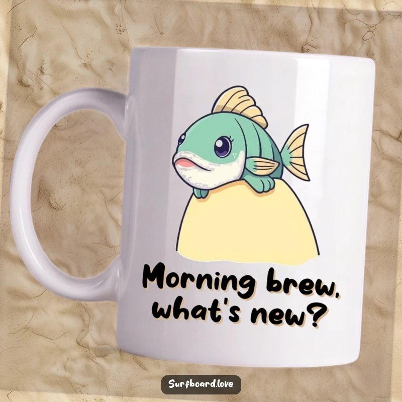 Funny fish peeking curiously over the edge of a surfboard. Whimsical ocean-themed mug humor.