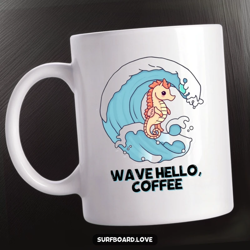 Funny cute seahorse with tiny legs joyfully riding a big ocean wave, depicted on a humorous mug.