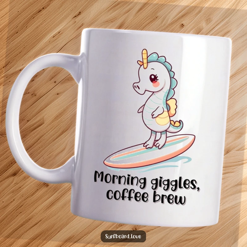 Funny seahorse giggling while precariously balancing on a surfboard. Whimsical ocean humor.