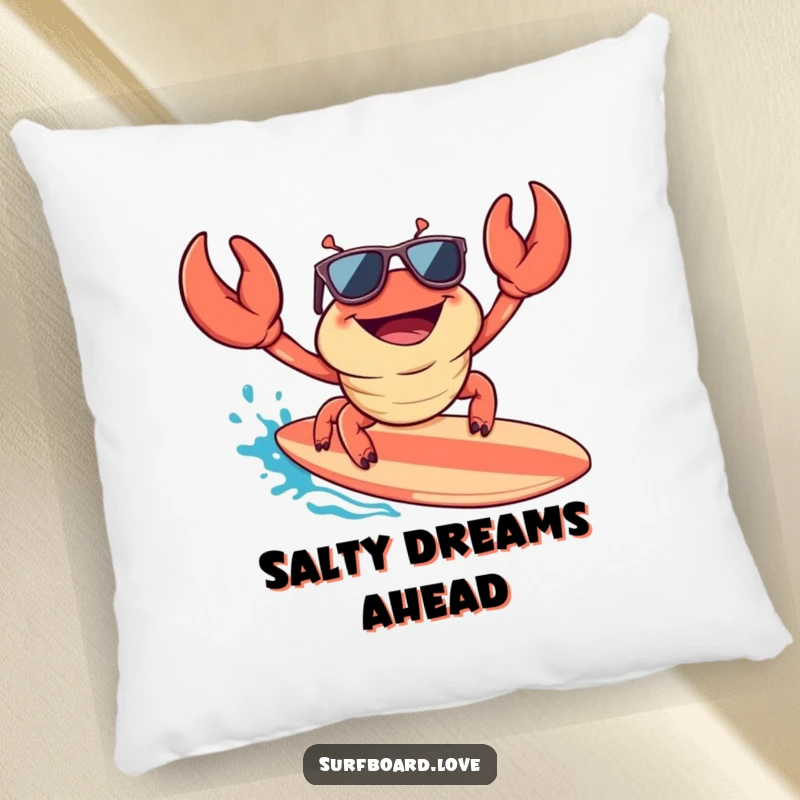 Funny pillow showcasing a happy crab wearing sunglasses, surfing a surfboard, providing comfort and a dose of cool, humorous beach vibes.