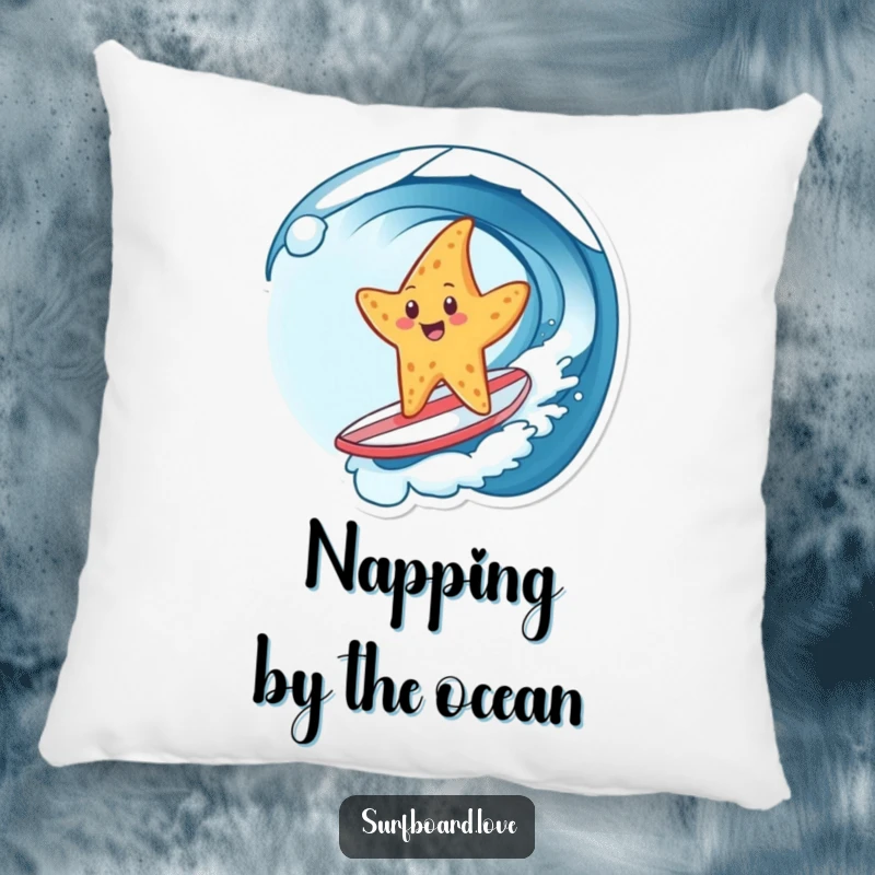 Funny pillow showcasing a cheerful starfish surfing a wave on a tiny surfboard, providing comfort and a dose of humorous beachy vibes.