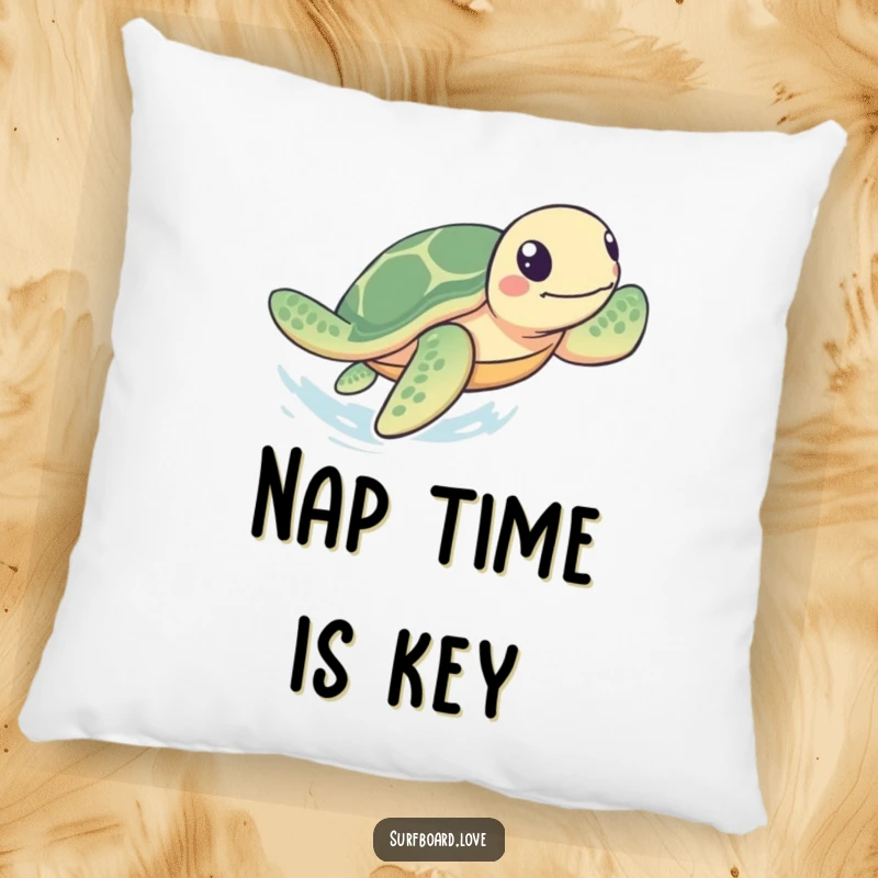 Funny Pillow: A playful sea turtle paddles rapidly towards shore, bringing cozy humor and a determined ocean vibe to any room.