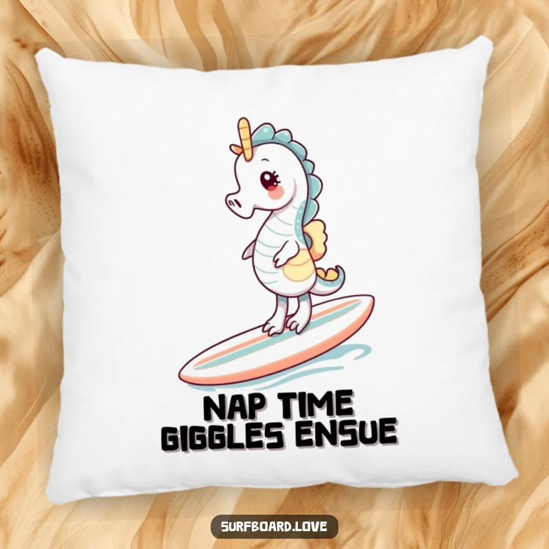 Funny giggling seahorse wobbling on a surfboard, depicted on a soft and cozy pillow.