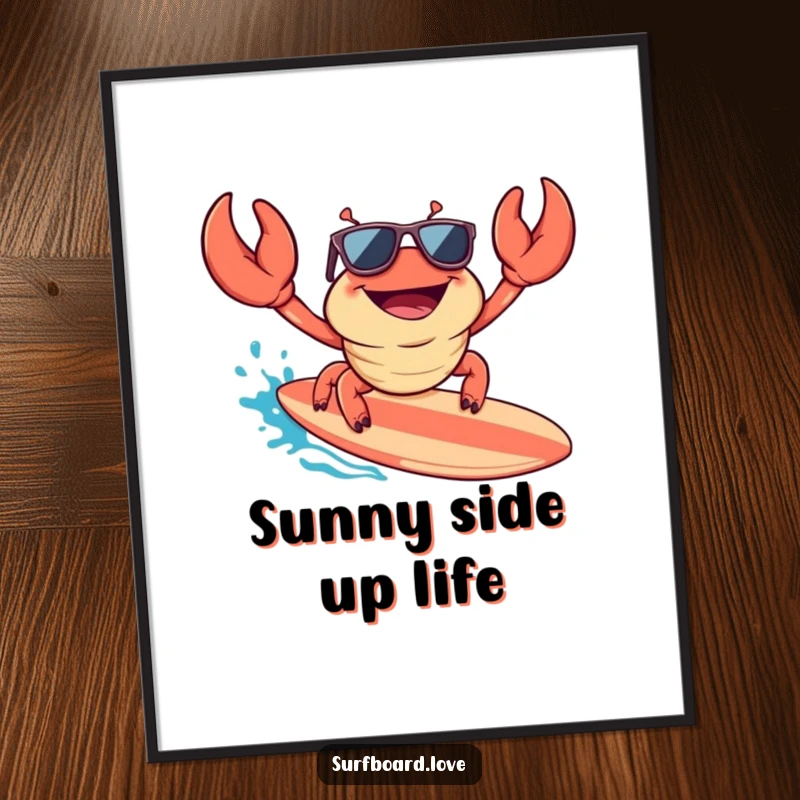 Funny digital art print of a happy crab wearing sunglasses, surfing a surfboard, perfect for adding cool and humorous beach decor.