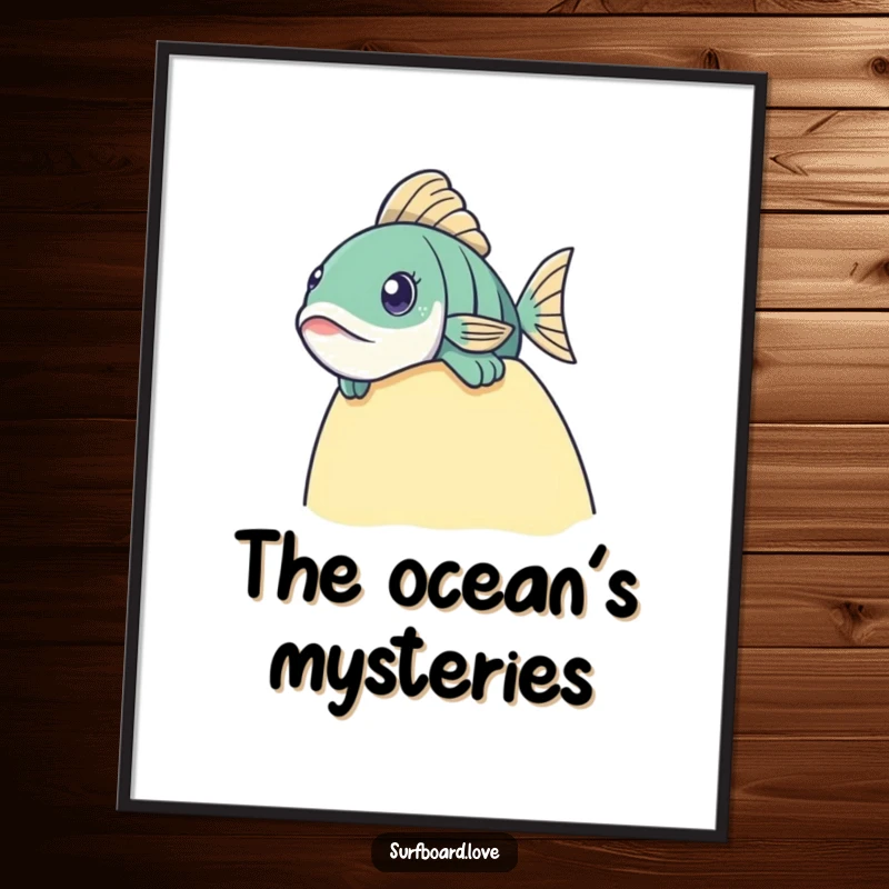 Funny fish peeking over a surfboard edge, high-resolution digital art for instant intrigue.