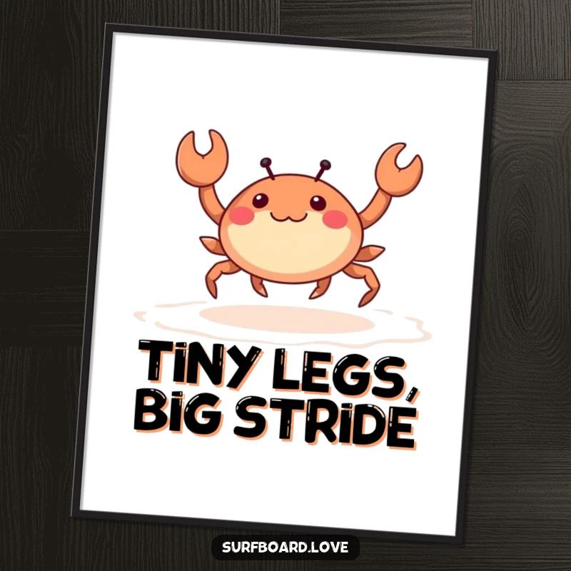 Funny happy crab with tiny legs skipping across wet sand, as humorous digital art.