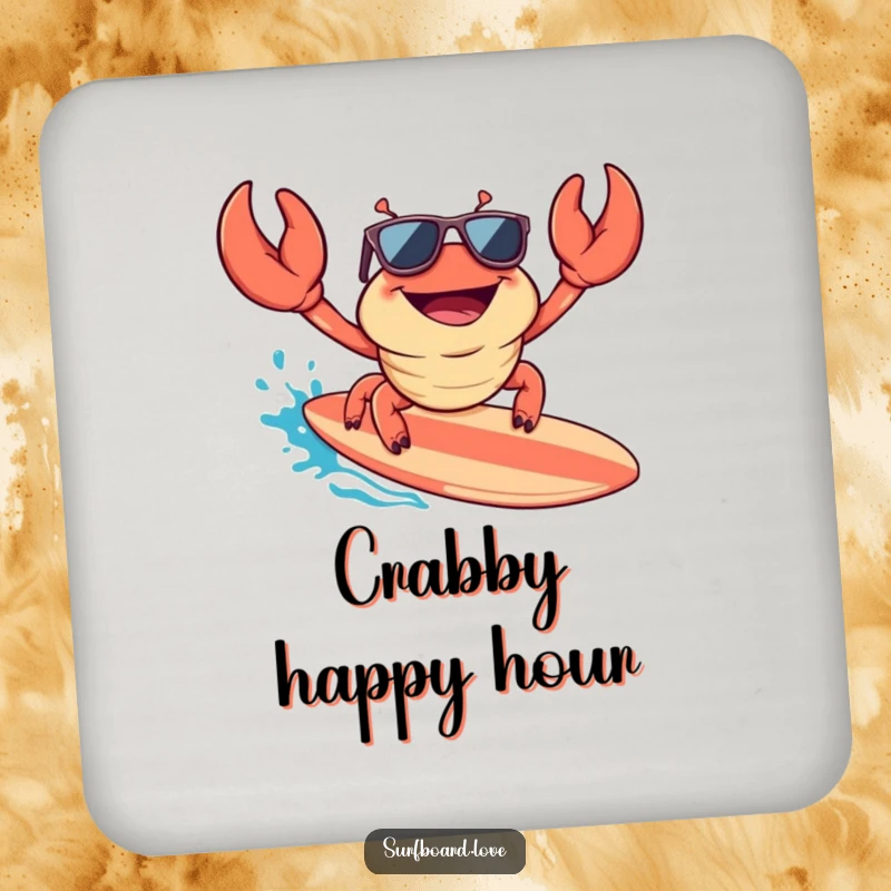 Funny drink coaster with a happy crab wearing sunglasses, surfing a surfboard, protecting surfaces with cool and humorous beach flair.