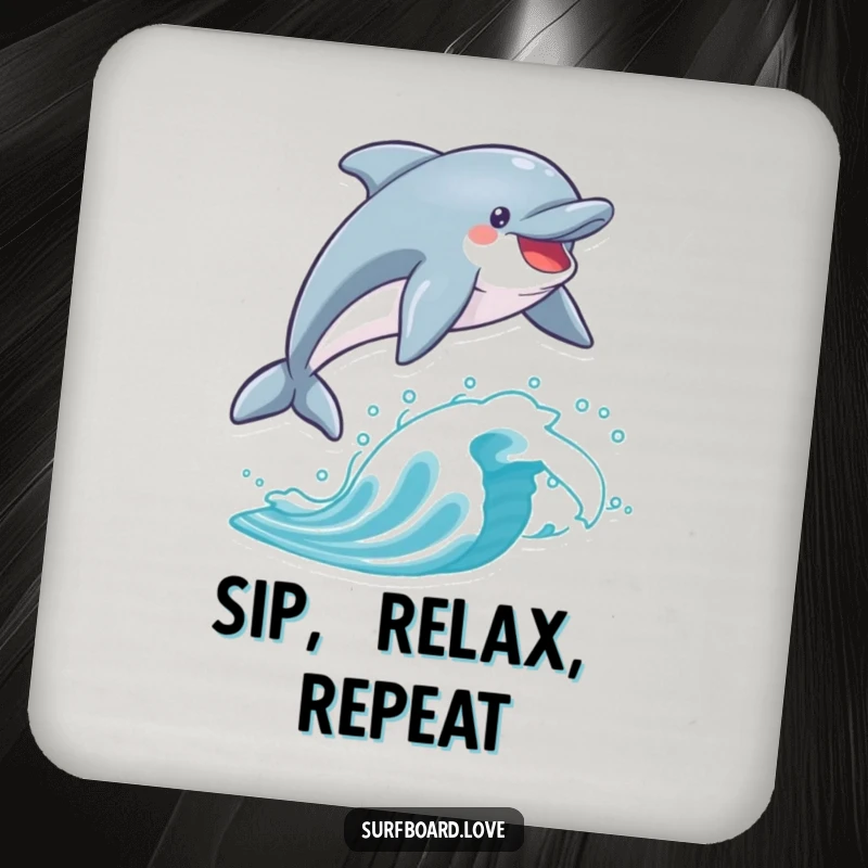 Funny dolphin leaping over a surfboard on a drink coaster, adding humor to your table.