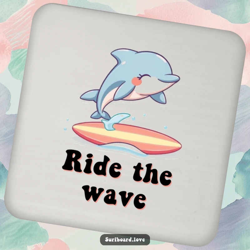 Funny Coaster: Cheerful dolphin with eyes closed joyfully leaps over a surfboard, a humorous and functional piece of drinkware art.