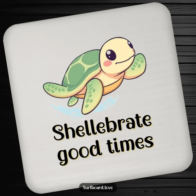 Funny Coaster: A playful sea turtle paddles rapidly towards the shore, a humorous and functional piece for drinkware protection.