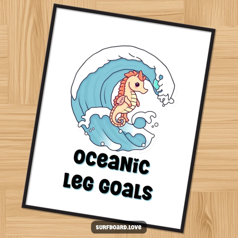 Funny cute seahorse with small legs riding a large ocean wave, depicted as humorous wall art.