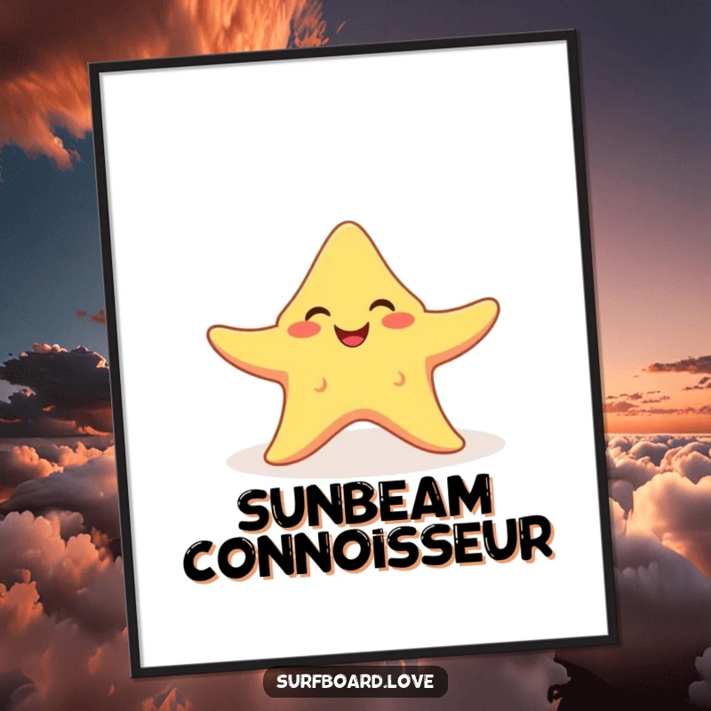 Funny smiling starfish with arms open, catching a sunbeam, depicted as humorous wall art.