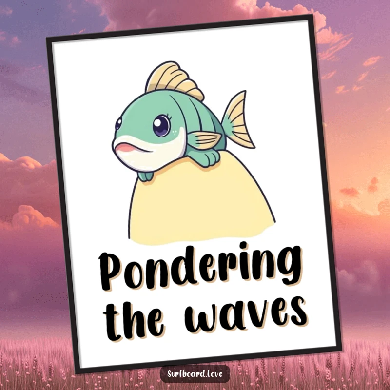 Funny fish with an inquisitive expression peeking over a surfboard edge. Amusing ocean-themed wall art.