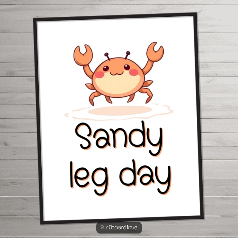 Funny happy crab with tiny legs skipping across wet sand, depicted as humorous wall art.