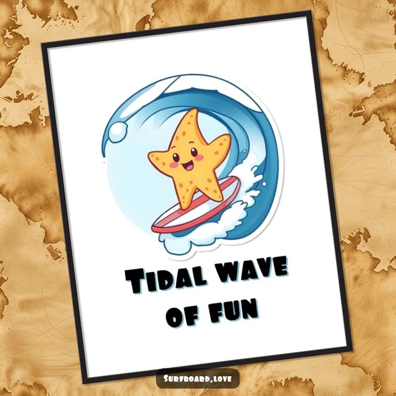 Funny poster art of a cheerful starfish expertly surfing a wave on a tiny surfboard, adding vibrant, humorous beach decor.