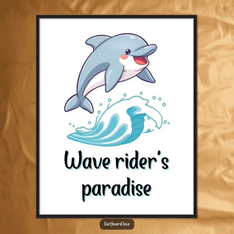 Funny dolphin suspended in air, joyfully leaping over a surfboard. Dynamic ocean-themed wall art.