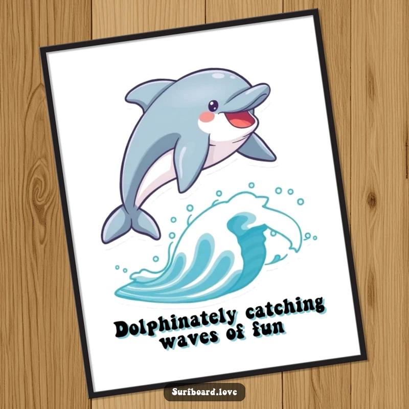 Funny Free Printable wall art of a playful dolphin joyfully leaping high above a surfboard in the ocean. Dynamic and fun.