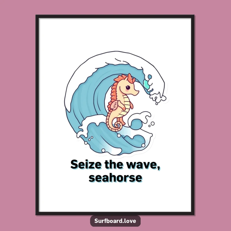 Funny Free Printable Wall Art: Seahorse Surfing Wave - Cute Downloadable Decor