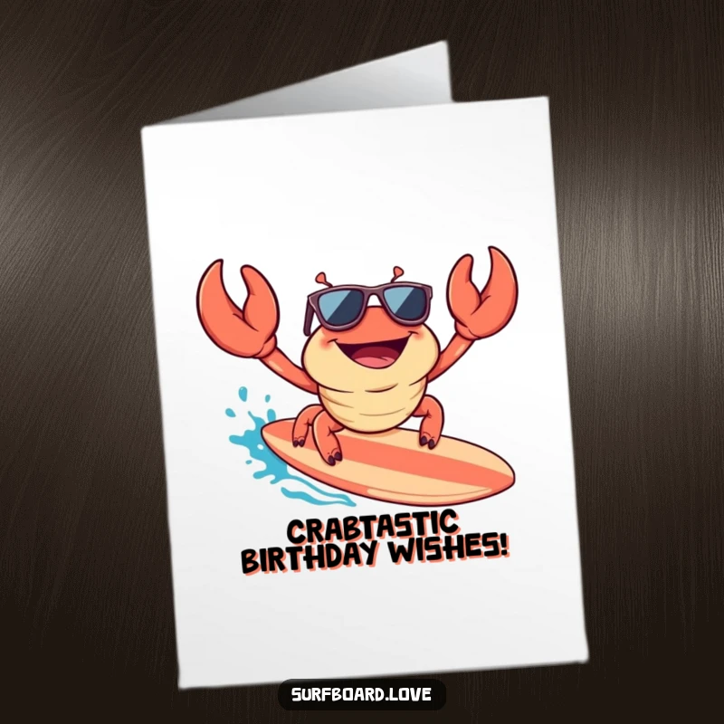 Funny free printable birthday card: A happy crab in sunglasses rides a surfboard with pure excitement, ready to party.