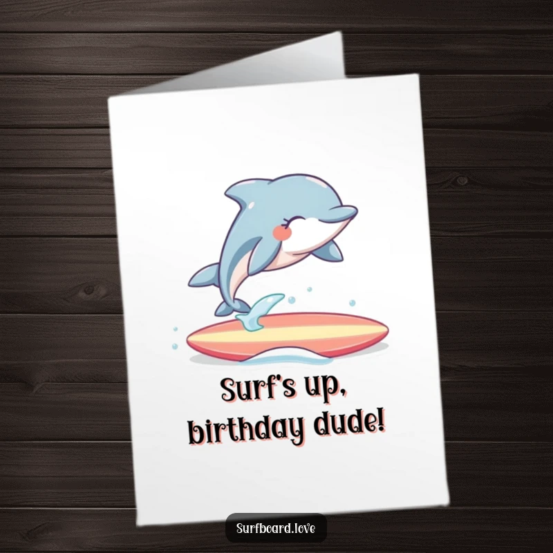Funny Free Printable birthday card: A cheerful dolphin with eyes closed surfs joyfully over a surfboard, celebrating with pure bliss.