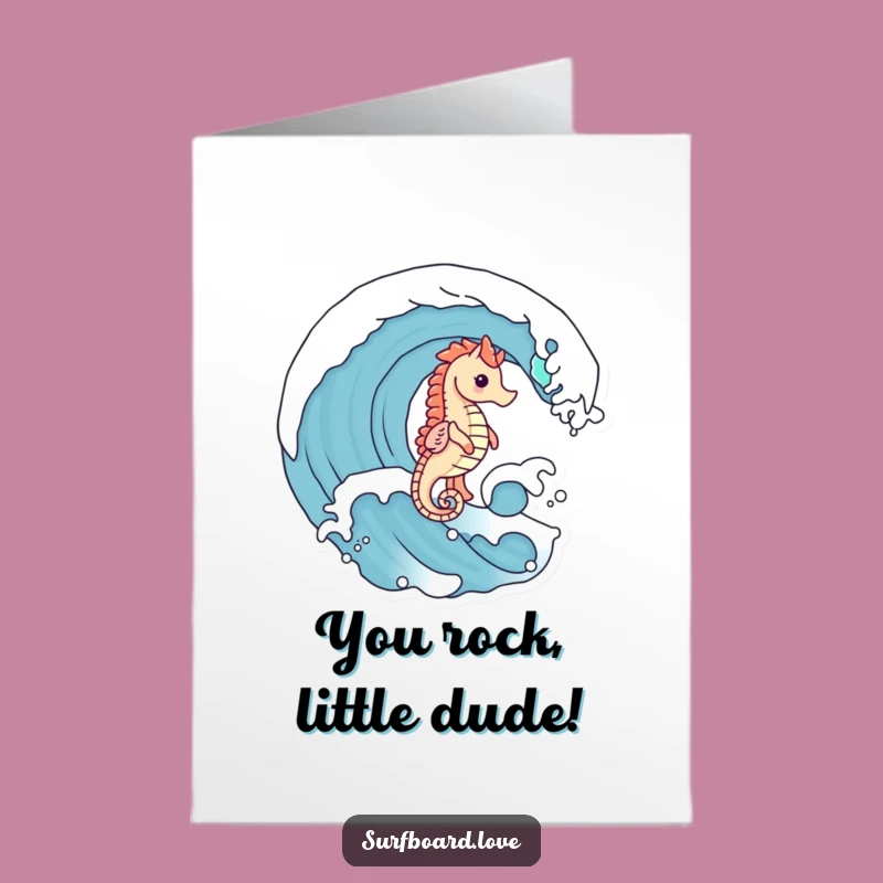 Free Printable Funny Birthday Card: Seahorse Surfing Wave - Adorable Downloadable Gift