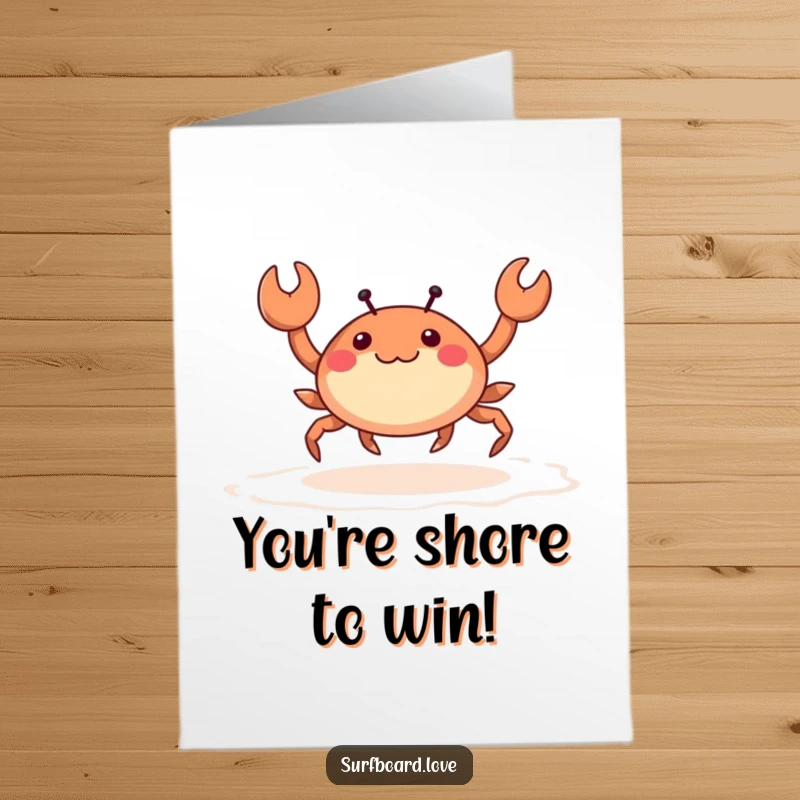 Free Printable Congratulations Card: A happy crab with tiny legs happily skips on wet sand, ideal for a fun DIY celebration.
