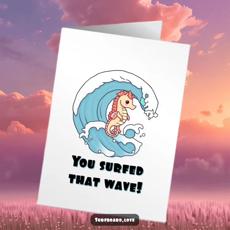 Free Printable Congratulations Card: A cute seahorse with tiny legs catches a wave, perfect for a joyous DIY celebration.