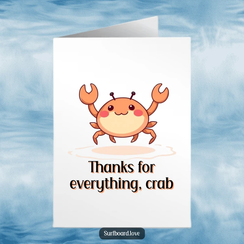 Free Printable Thank You Card: A happy crab with tiny legs skips gleefully over the wet sand, a fun DIY thank you.
