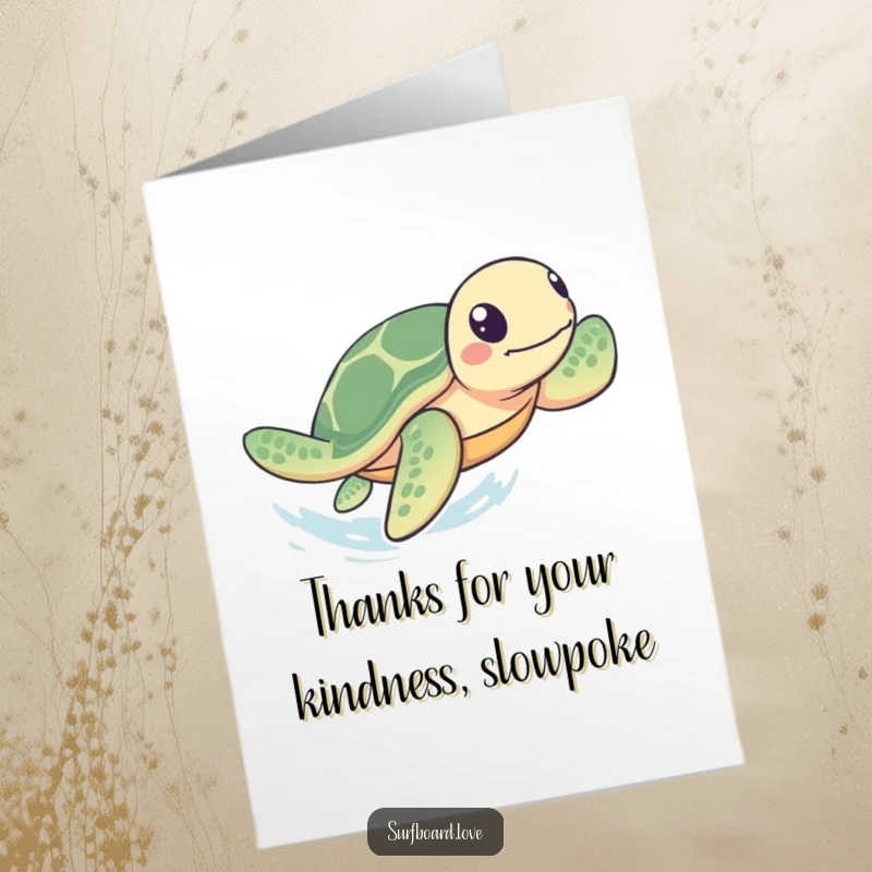 Funny Free Printable thank you card: A playful sea turtle paddles with all its might, hurrying towards the shore to say thanks.