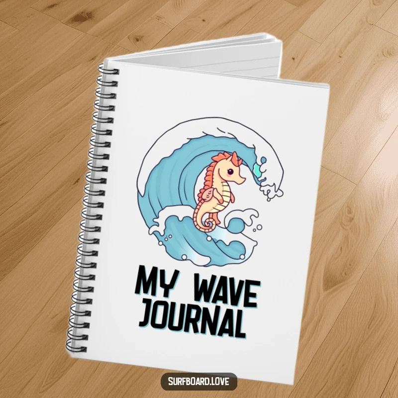 Funny cute seahorse with tiny legs riding a wave, on the cover of a humorous ocean-themed notebook.