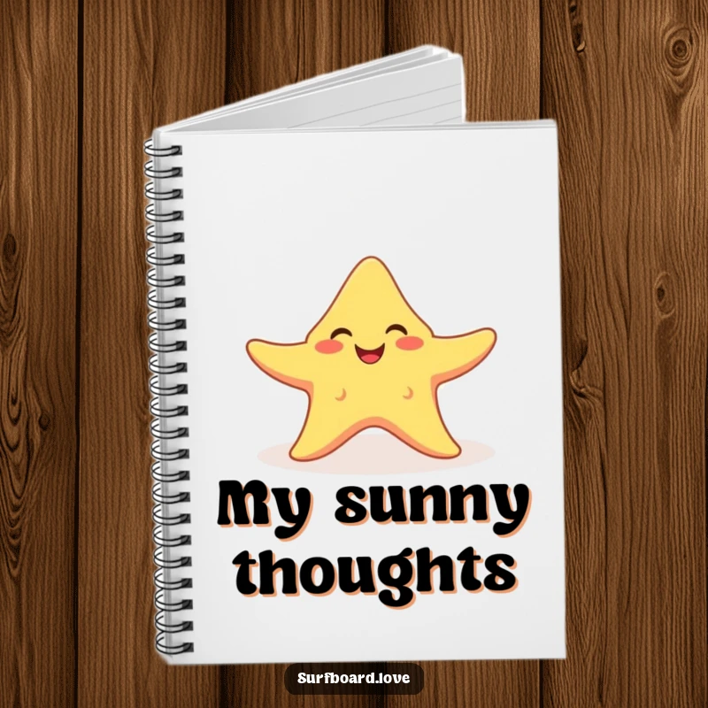 Funny smiling starfish with arms outstretched catching a sunbeam, on the cover of a humorous beach-themed notebook.