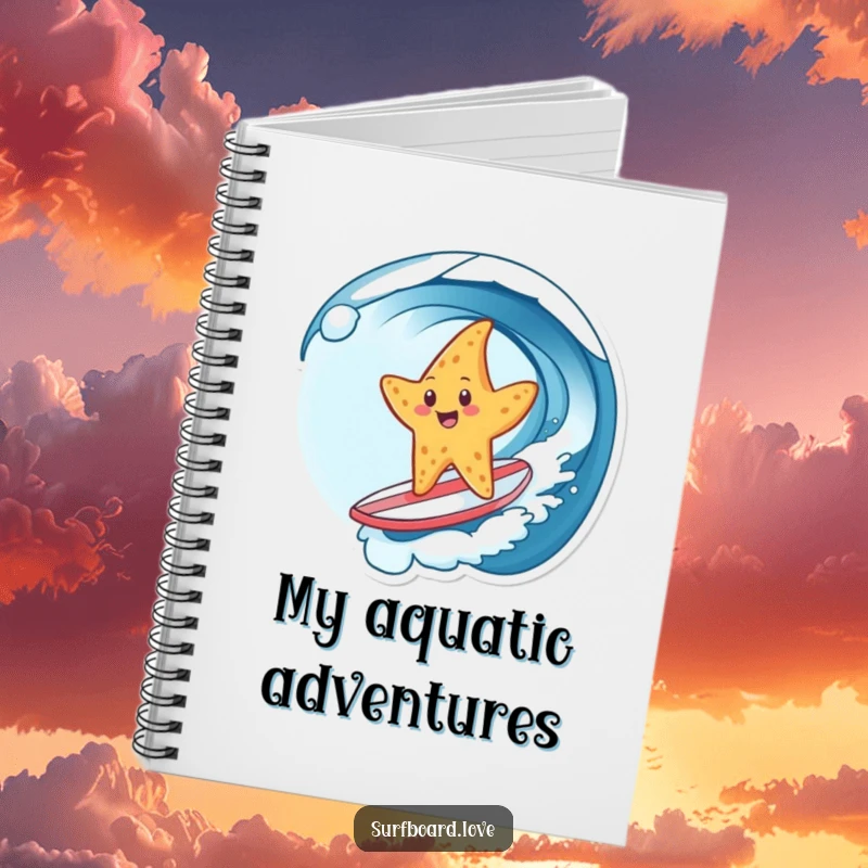Funny notebook with a cheerful starfish surfing a wave on a tiny surfboard, inspiring creative thoughts and seaside journaling.