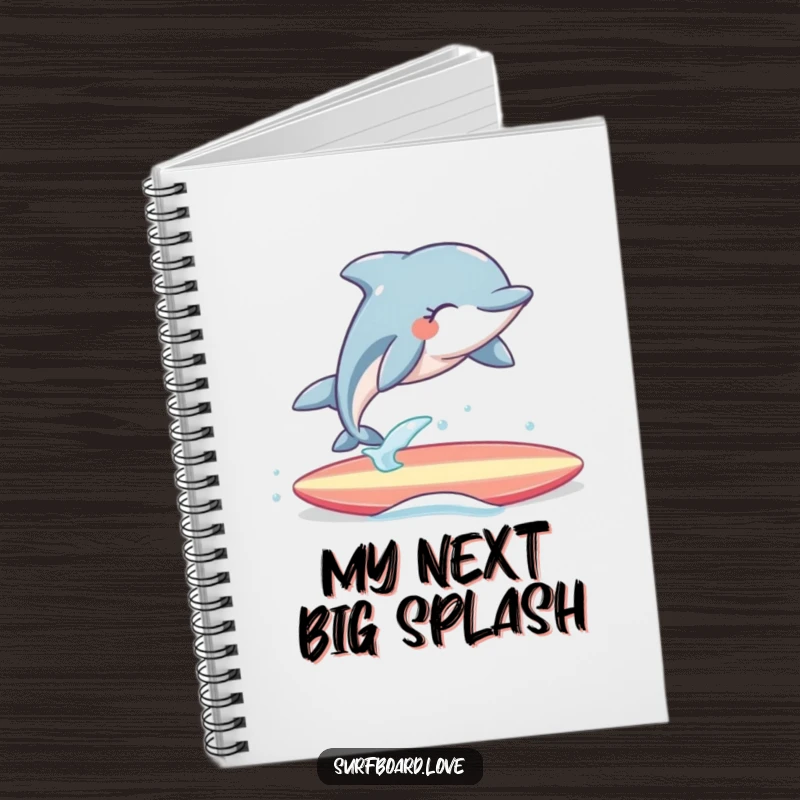 Funny Notebook: Cheerful dolphin with eyes closed joyfully leaps over a surfboard, ideal for note-taking with a dose of humor.