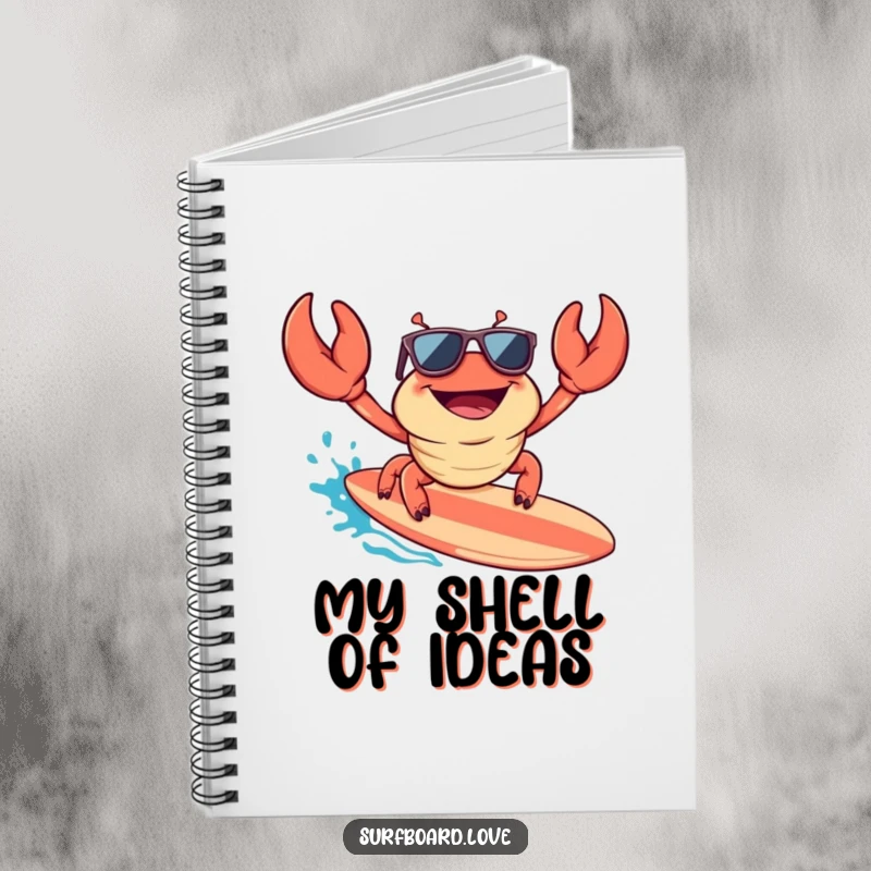 Funny notebook with a happy crab wearing sunglasses, surfing a surfboard, inspiring cool thoughts and seaside journaling.