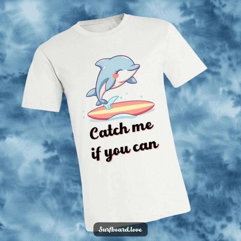 Funny T-Shirt: A cheerful dolphin leaps with eyes closed over a surfboard, showcasing a hilarious and blissful ocean adventure.