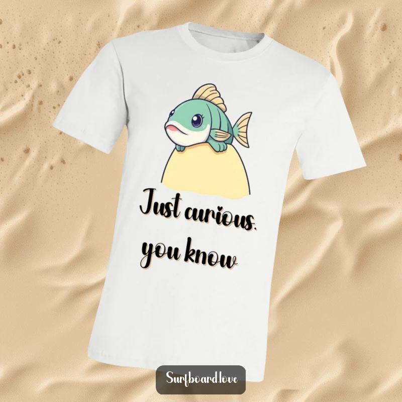 Funny fish with wide eyes peeking over a surfboard edge. A humorous and engaging ocean design.