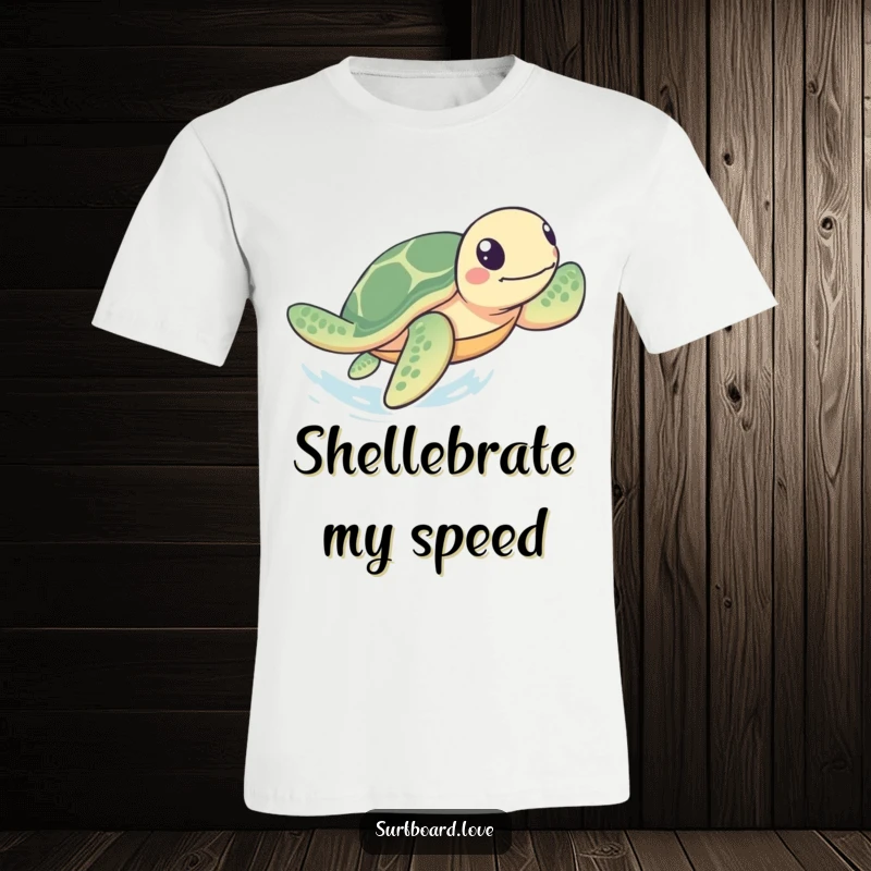Funny T-Shirt: A playful sea turtle paddles rapidly with its flippers towards the shore, conveying speed and humor.