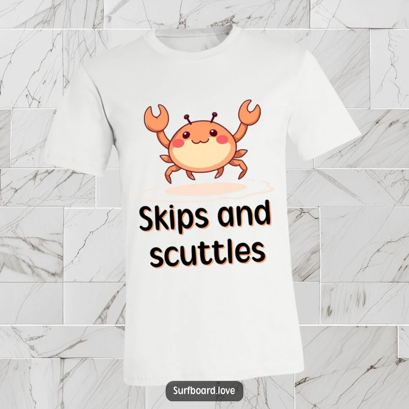 Funny happy crab with small legs energetically skipping across wet sand, printed on a humorous t-shirt.