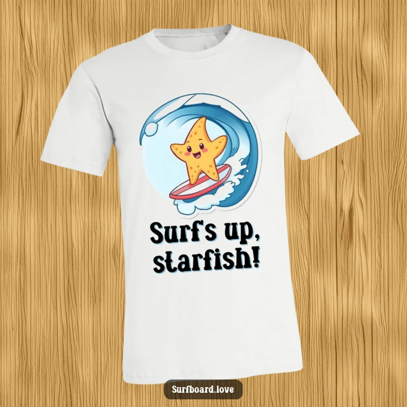 Funny t-shirt with a cheerful starfish expertly surfing a wave on a small surfboard, embodying beach fun and humorous adventure.