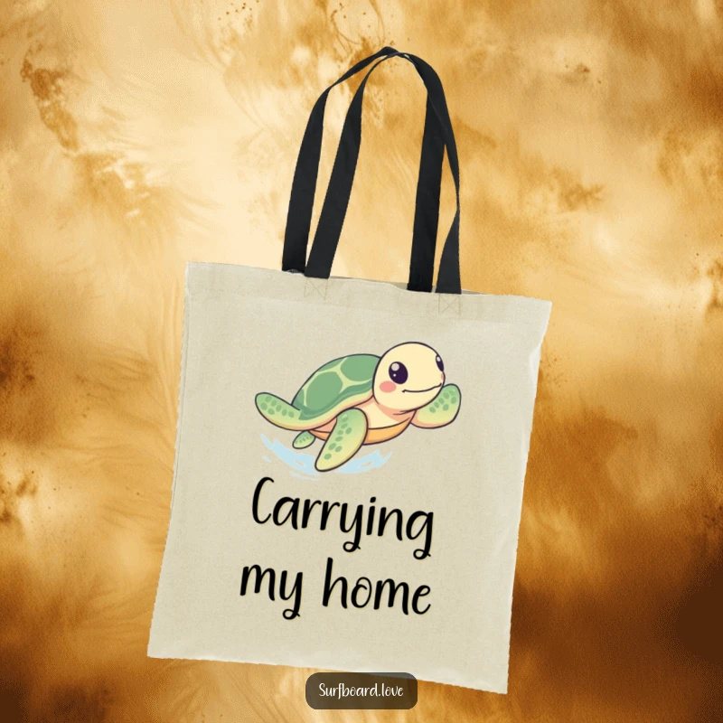 Funny Tote Bag: A playful sea turtle paddles rapidly towards the shore, making this a humorous and practical accessory for beach trips.