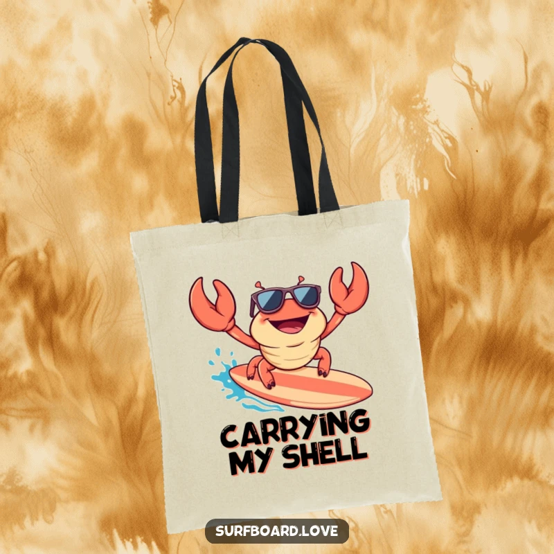 Funny tote bag with a happy crab wearing sunglasses, surfing a surfboard, ideal for carrying beach gear with cool, humorous flair.