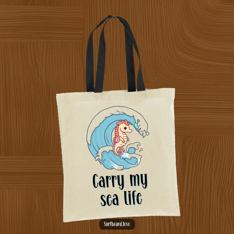 Funny cute seahorse with tiny legs riding a cresting wave, printed on a humorous and practical tote bag.